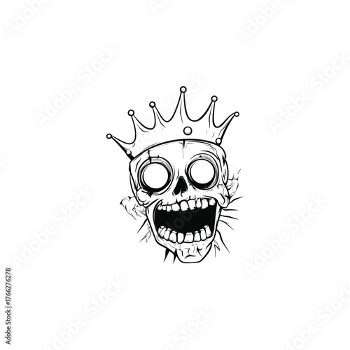 Black and white punk cartoon illustration of a screaming skull wearing a simple crown