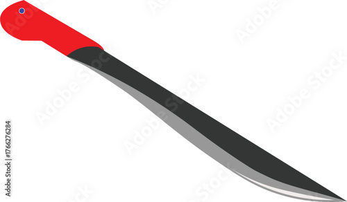 A simple vector illustration of a long, curved machete with a sharp blade and a red handle, isolated on a white background