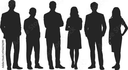 Business people silhouettes — professional men and women standing confidently, teamwork and leadership concept for corporate, office, and career designs
