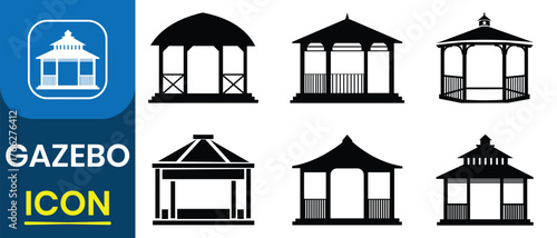 Gazebo icon vector. Silhouette of Gazebo symbol, Tent icon vector.  Gazebo silhouette collection on a white background. Gazebo park. Vector illustration.