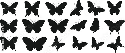 Butterfly silhouettes collection, flying insects vector set, black butterflies design, decorative nature shapes, wildlife pattern, beauty illustration, natural art, graphic element