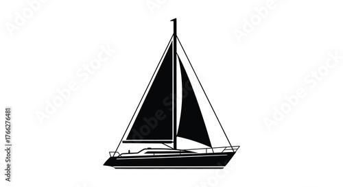 A classic sailing yacht with full sails is depicted in a striking black and white silhouette against a plain background silhouette