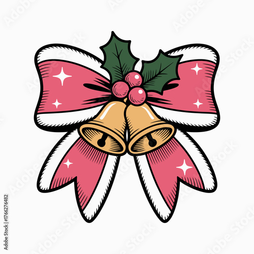 Christmas Pink Bow with Bells Illustration