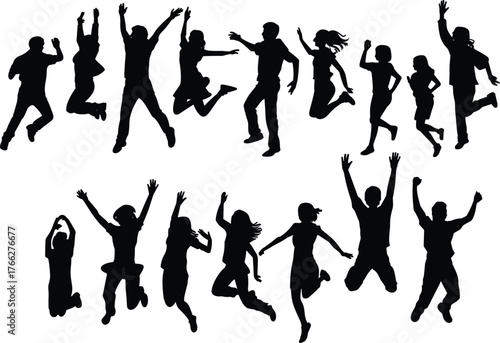 Jumping people silhouettes, group of men and women in motion, joyful poses vector, happiness celebration illustration design