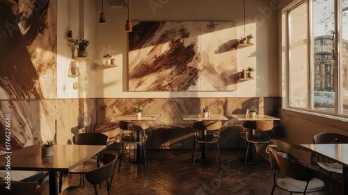 Cozy cafe interior with warm lighting, tables, chairs, plants, and abstract art