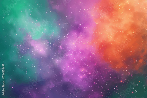 A vibrant, cosmic nebula with swirling clouds of teal, purple, and orange, dotted with tiny stars against a dark, dreamy space background.