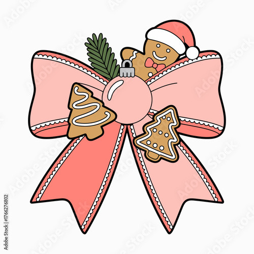 Pink Christmas Bow with Gingerbread Man and Ornaments