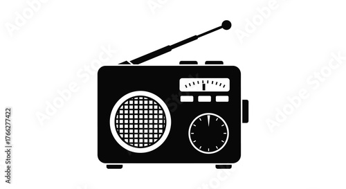 Retro portable radio with antenna and speaker grille in a stark black silhouette
