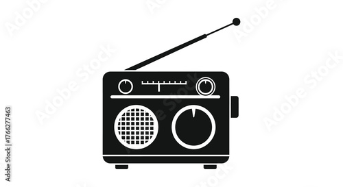Retro portable radio with antenna and speaker grille in a simple black silhouette against a white background