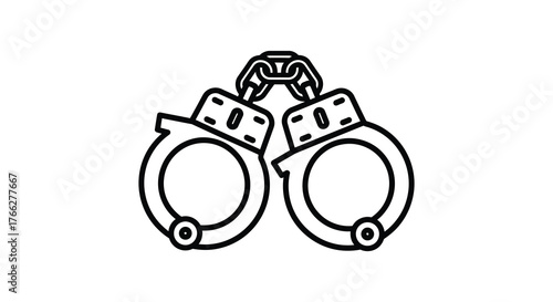 A stark black and white line drawing silhouette of a pair of metal handcuffs symbolizing arrest and justice silhouette