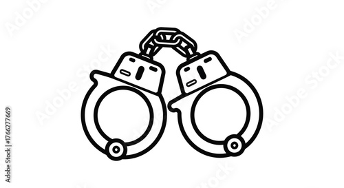 A stark black and white line drawing silhouette of a pair of handcuffs on a plain background symbolizing arrest and crime