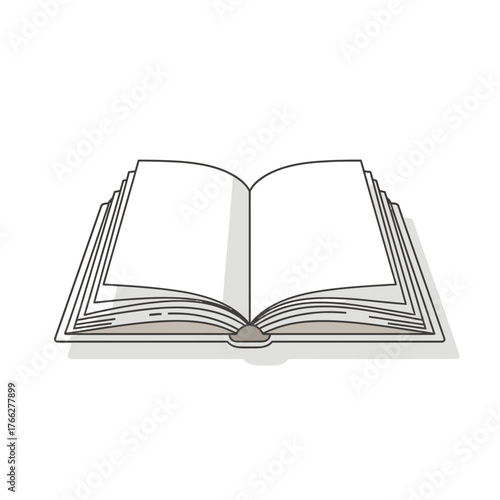Simple black and white line drawing of an open book with blank pages isolated on a white background.
