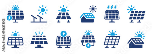 Set of solar panel icons representing clean energy, photovoltaic systems and sun-powered electricity. Solid vector icons collection.