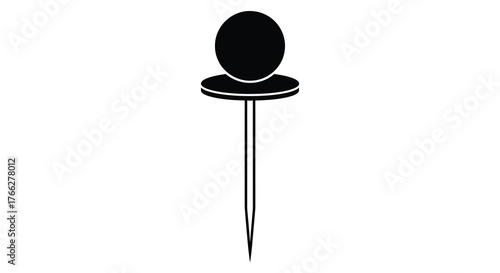 A simple black silhouette of a sewing pin with a round head on a white background