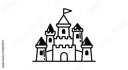 Simple black and white line art drawing of a fairytale castle silhouette with flags on towers