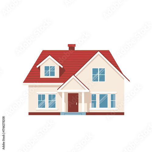 Illustration of a two-story house with a red roof and beige walls.