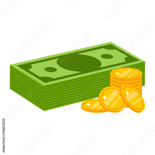 A stack of green US dollar bills next to a pile of gold coins, representing wealth and financial assets.