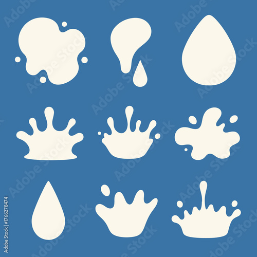 A collection of nine white milk splashes, drops, and crown splashes on a blue background.