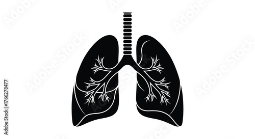 Black silhouette of human lungs and trachea showing detailed bronchial tree structure on a white background silhouette