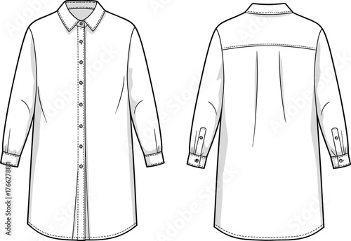 Long sleeve shirt dress technical sketch, pointed collar, button placket, cuff detail, yoke back, fashion flat, cad drawing flat vector illustration