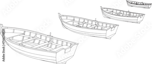 Minimal black outline rowboats vector illustration isolated on white background, simple art