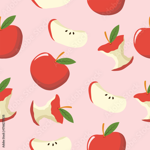 A Vibrant Pattern Featuring Whole And Bitten Apples Scattered On A Soft Pink Background Cheerful