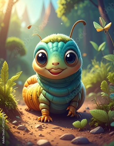 Cute caterpillars crawl playfully with colorful bodies, soft textures, and charming movements in nature.
