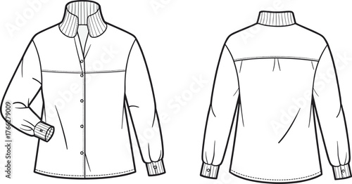 Long sleeve button-up shirt technical sketch, front and back view, ribbed collar and cuffs, tailored design, cad drawing flat vector illustration