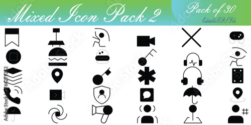 Communicative and Interactive  30 versatile black glyph icons focusing on communication, user interaction, media, safety, and common objects, perfect for applications, websites, and infographic design