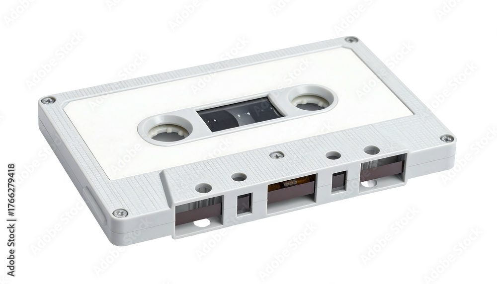 Obraz premium White audio cassette tape, angled view. Rectangular, gray plastic shell; holes and spools are visible