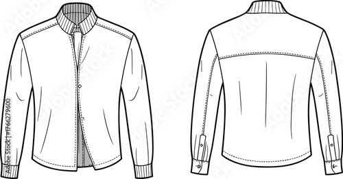 Long sleeve shirt technical sketch, front and back view, classic collar, button placket, shaping darts, cad drawing flat vector illustration