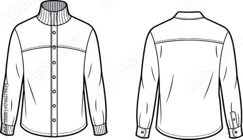 Long sleeve shirt technical fashion sketch, front and back view, ribbed collar, button placket, garment construction details, cad drawing flat vector illustration