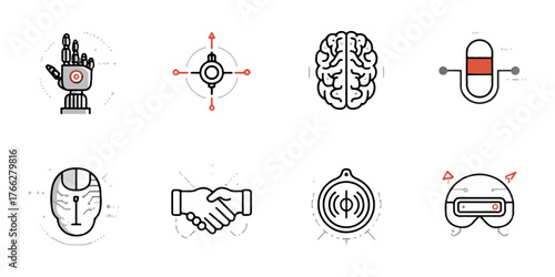 Collection of futuristic technology and science icons representing innovation and progress