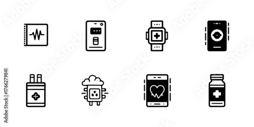 Collection of medical and healthcare line art icons representing health technology and wellness services