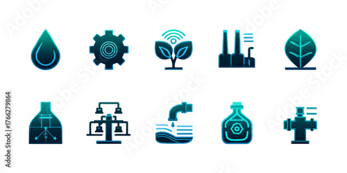 Set of eco-friendly industry and technology icons for green solutions and sustainability themes