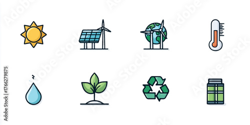 Collection of colorful flat icons representing renewable energy and environmental protection concepts