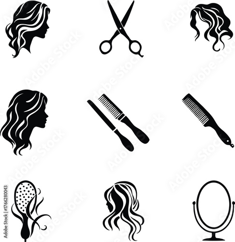 A collection of black and white icons featuring hair styling tools and female hair silhouettes