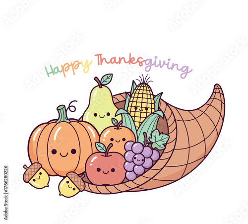Happy Thanksgiving Cartoon Cornucopia of Harvest Bounty Cute Autumn Food Illustration