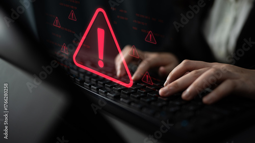 Schilderij op canvas Cybersecurity alert warning showing red cyber for data breach, network threat, a