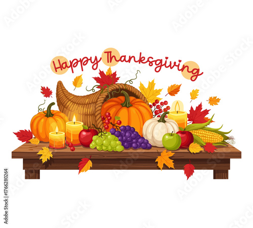 Thanksgiving Cornucopia Arrangement with Pumpkin Fruits and Fall Leaves