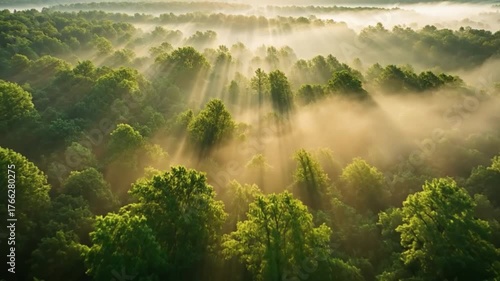 Wallpaper Mural aerial view of green forest with morning mist and sunlight rays cinematic drone footage Torontodigital.ca