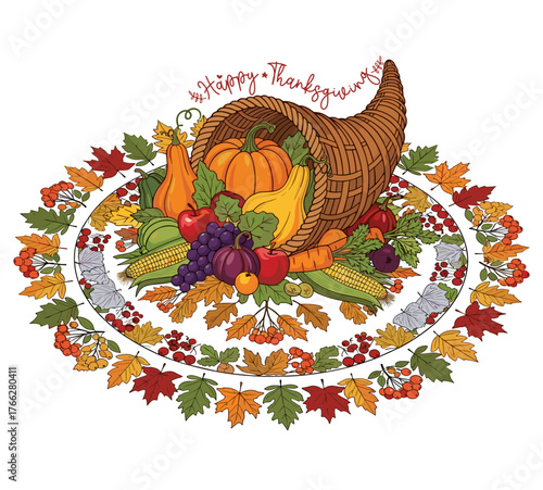 Thanksgiving Cornucopia Filled with Harvested Fruits and Vegetables Happy Thanksgiving Vector Illustration
