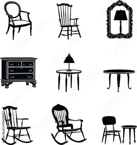 A collection of furniture silhouettes including chairs tables dresser and a framed lamp illustration
