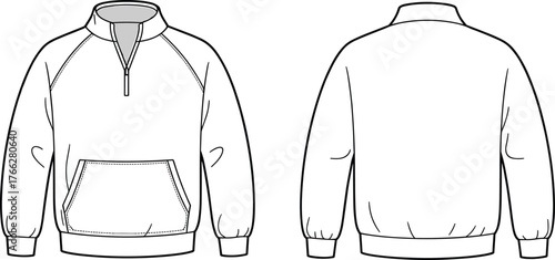 Pullover sweatshirt technical sketch, high collar, raglan sleeve, kangaroo pocket, ribbed hem, zipper front, cad drawing flat vector illustration