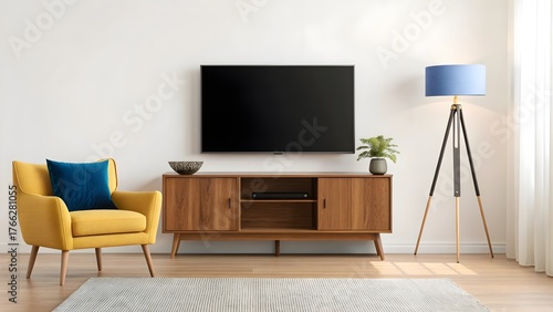 Modern living room setup featuring a large flatscreen tv mounted above a wooden media cabinet, complemented by a stylish armchair with yellow and blue cushions and a tripod lamp.