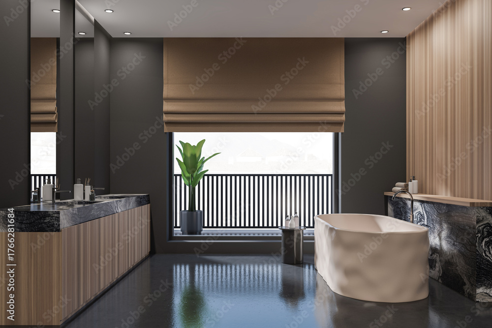 Obraz premium Elegant bathroom interior with freestanding tub, marble and wood textures, large window, beige roman shade and indoor plant. 3D Rendering