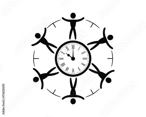 Diverse group of people in a circle around a clock face representing unity and time management
