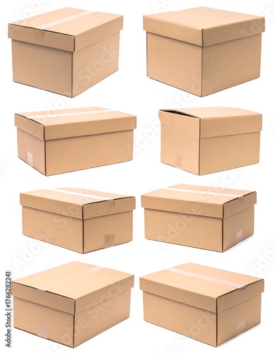 A collection of eight brown cardboard boxes in different angles