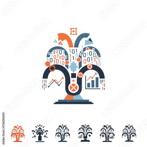 Abstract Data Tree with Binary Code and Charts, Symbolizing Data Analysis.