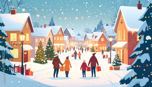 Cozy winter evening stroll in a festive snow-covered village. Christmas village with families walking under lights and snow. Snowy village lit by Christmas lights, perfect for a winter walk
